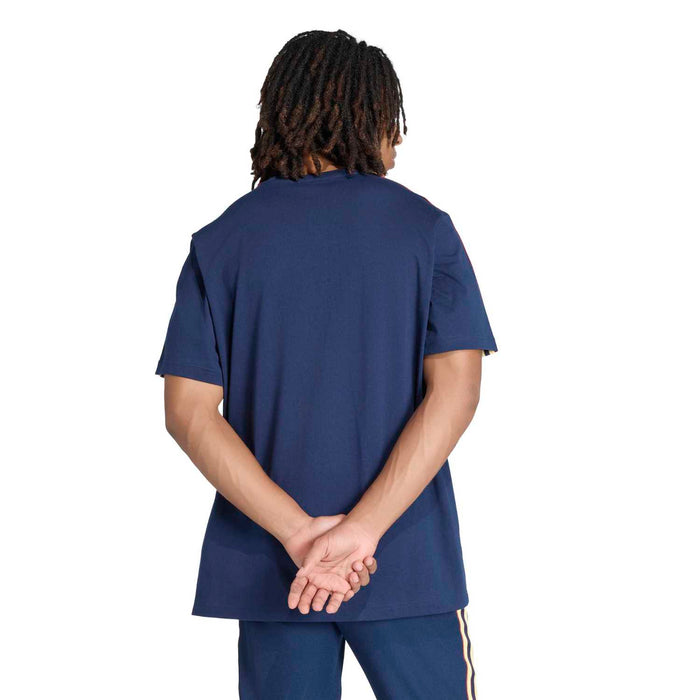 Men's navy icon T-shirt back view with plain shoulders and short sleeves
