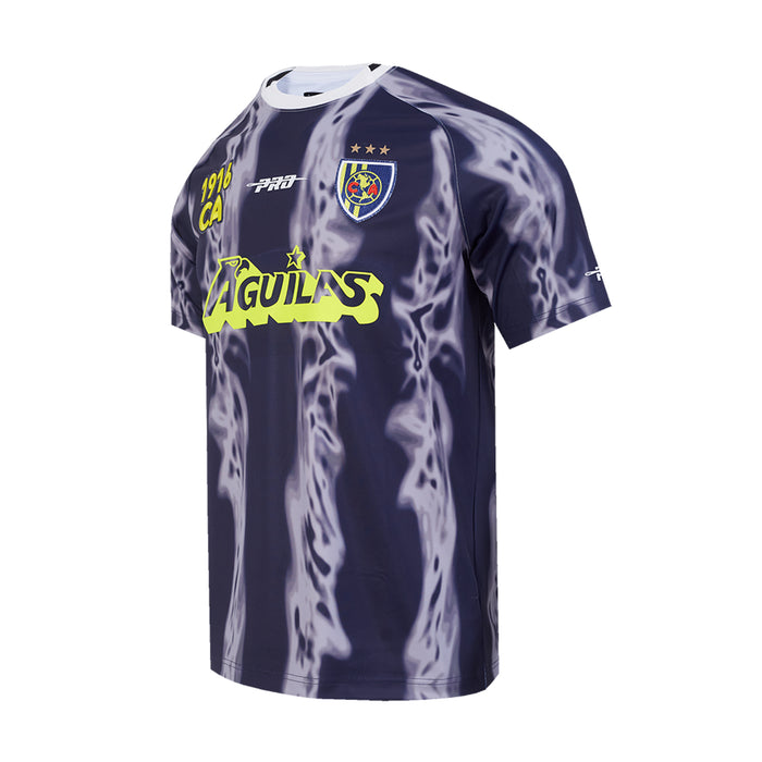 Men's navy poly tee front with flame-style pattern and 'Aguilas' team logo