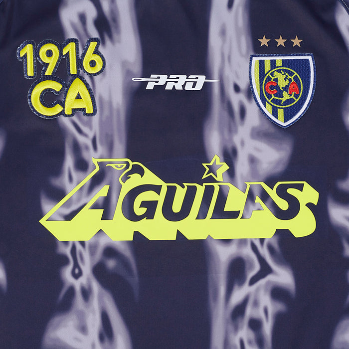 Navy poly men's tee close-up with 1916 CA, PRO, and AGUILAS text