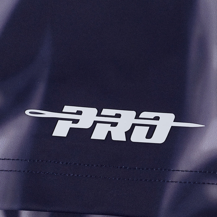Navy poly men's tee with white 'PRO' logo across chest seam