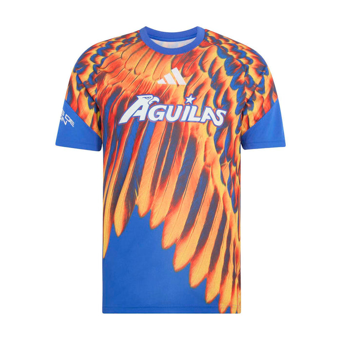 Men's pregame jersey in bright blue with orange flame-feather graphic and Aguilas logo