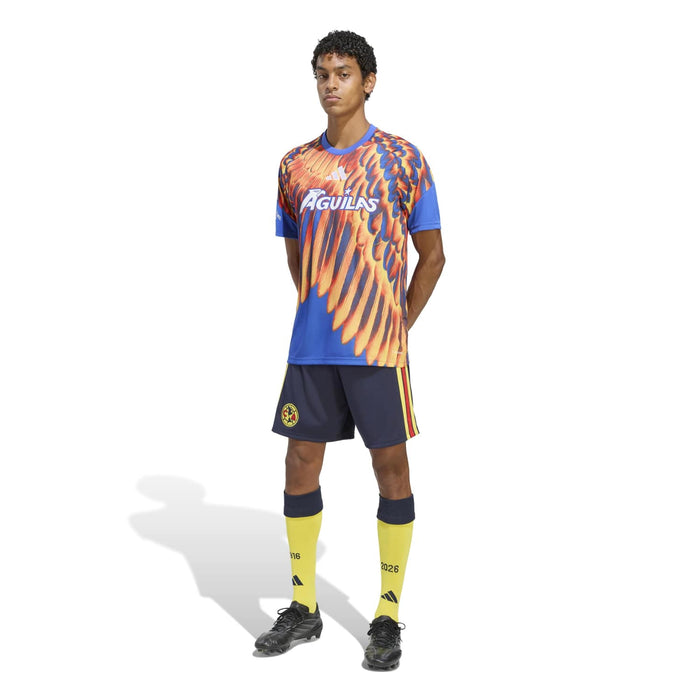 Men's pregame jersey, bright blue with orange flame-feather pattern and Aguilas logo on front