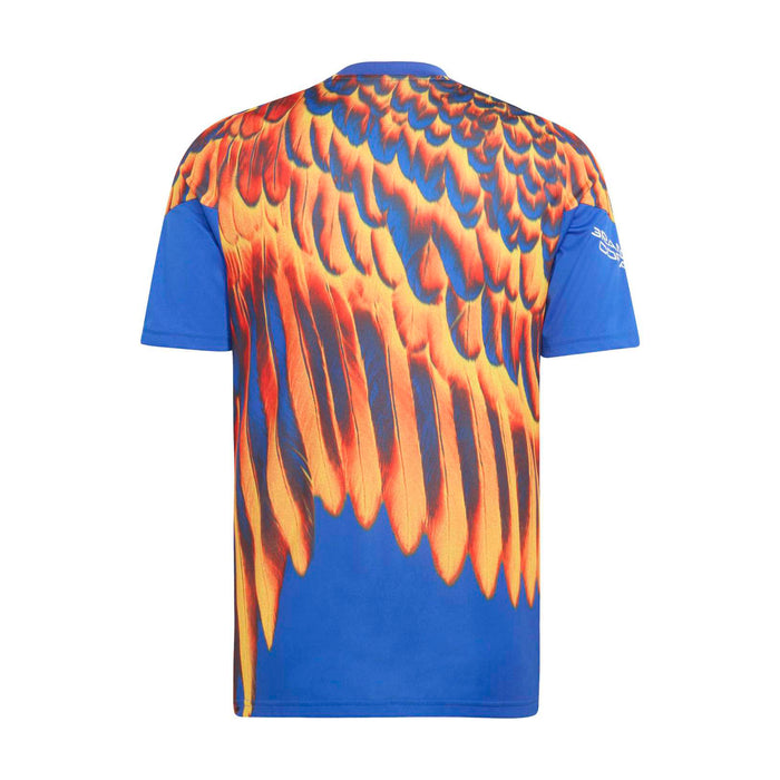Men's pregame jersey back full view with orange flame-feather graphic over bright blue