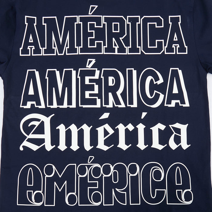 Navy T-shirt with large AMERICA and AMERICA graphic text on back print