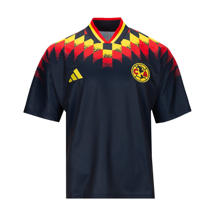 Men's dark navy stadium jersey with yellow crest and red-yellow collar detail