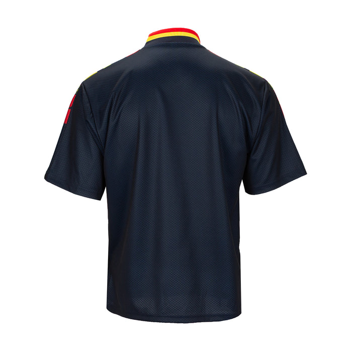 Men's dark navy stadium jersey back with red-yellow collar trim