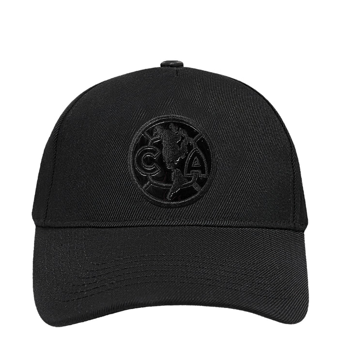 Black snapback cap with embroidered crest on the front panel