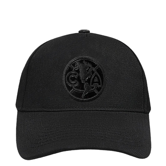 Black snapback cap with embroidered crest on the front panel
