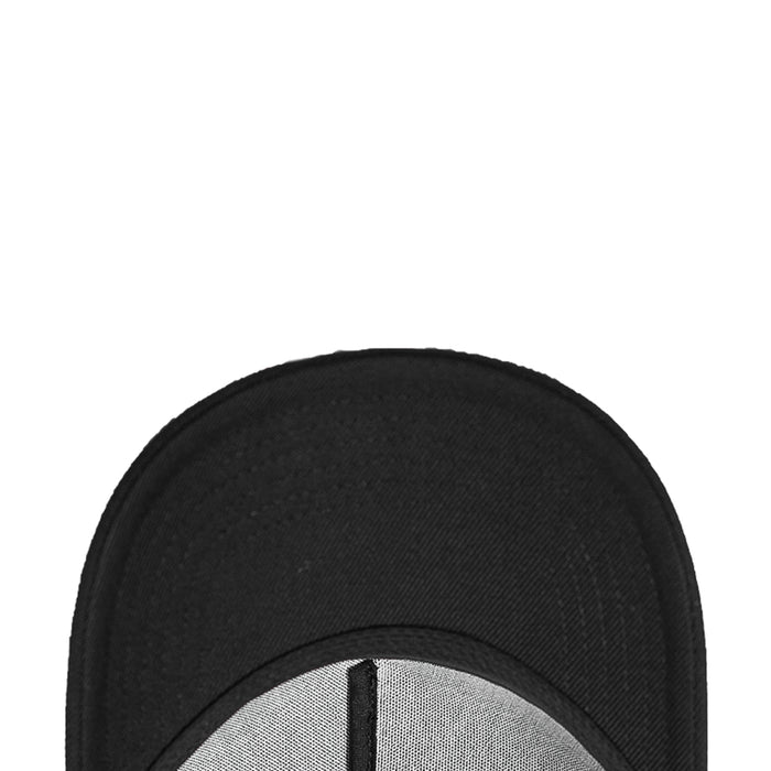 Black snapback cap close-up of interior lining and stitched crown seam