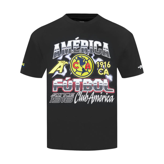 Black men's graphic soccer T-shirt with large Club America logo and Futbol print