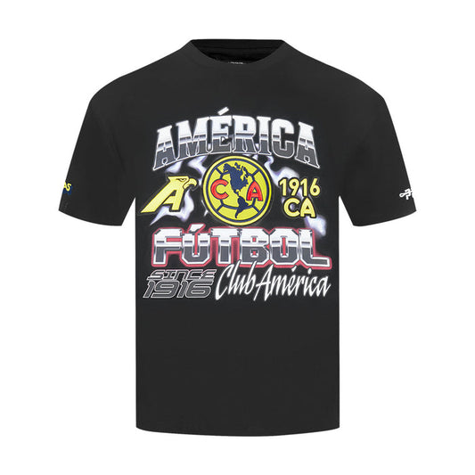 Black men's graphic soccer T-shirt with large Club America logo and Futbol print