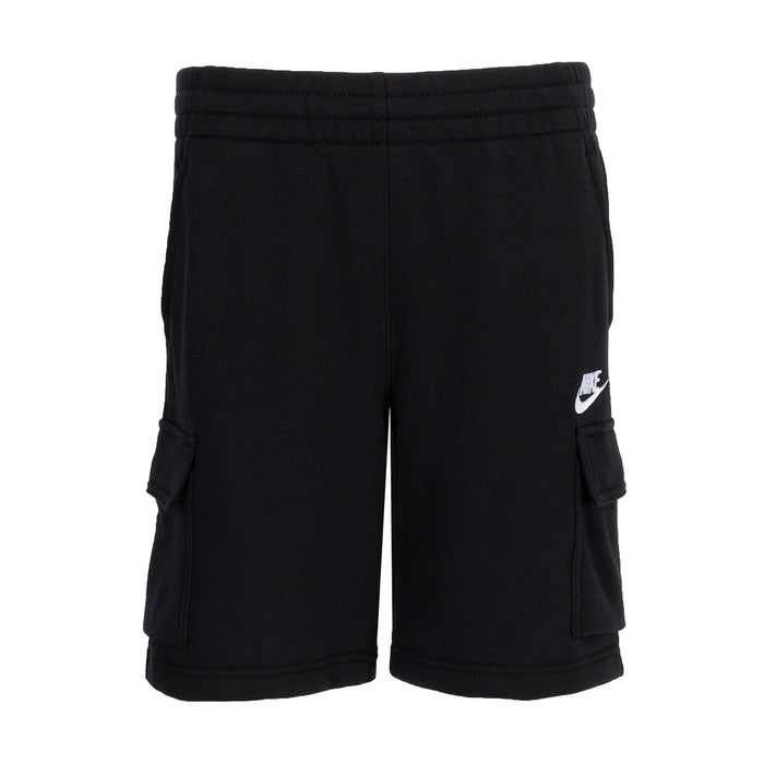 Youth black cargo shorts with elastic waistband and side cargo pockets, Nike logo