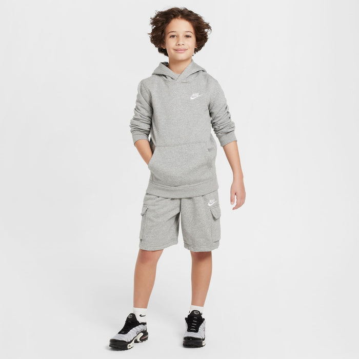 Youth dark grey heather shorts set with hoodie, elastic waist, cargo pockets