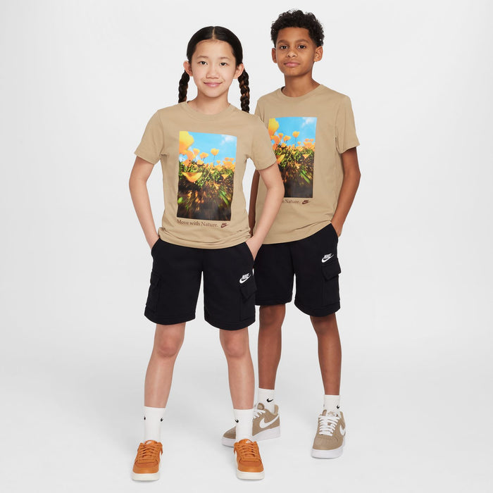 Youth black cargo shorts worn by two kids, elastic waistband and side cargo pocket