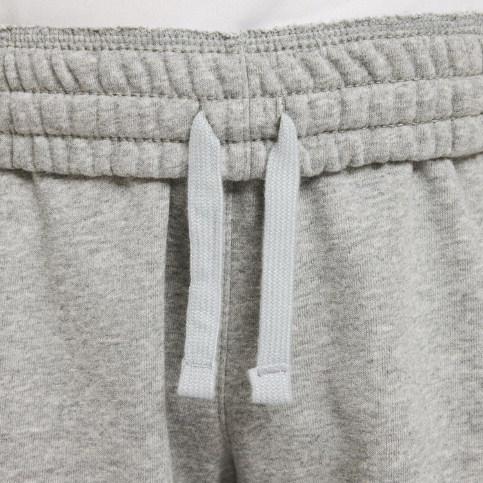 Close-up of youth dark grey heather cargo shorts waistband and drawstring