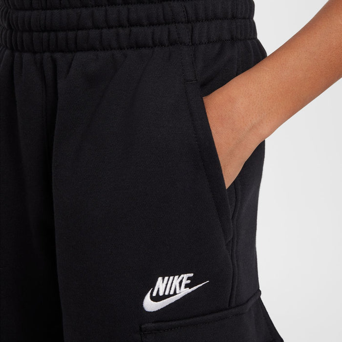 Youth black cargo shorts side view with cargo pocket and Nike logo