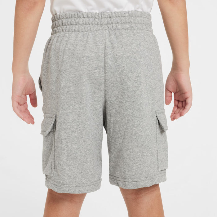 Youth dark grey heather cargo shorts, elastic waistband and cargo side pockets