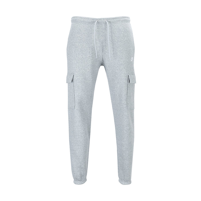 Men's grey heather fleece cargo pants, front view, drawstring waist and side cargo pockets