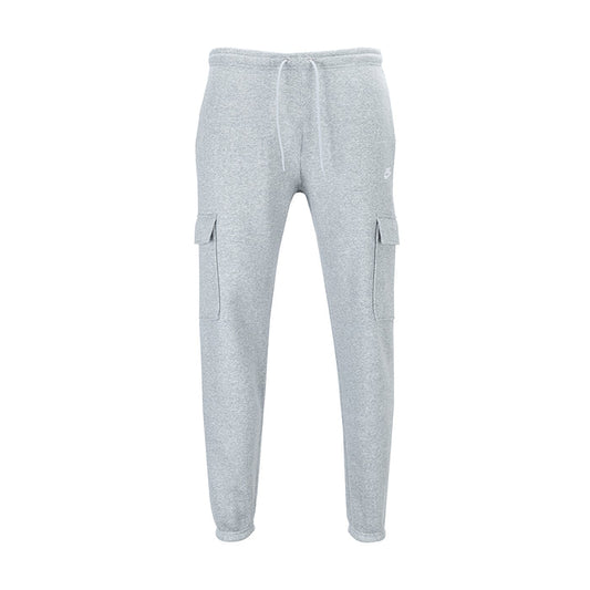 Men's grey heather fleece cargo pants, front view, drawstring waist and side cargo pockets