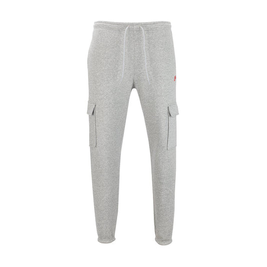 Mens dark grey heather fleece cargo jogger pants with drawstring and cargo pockets