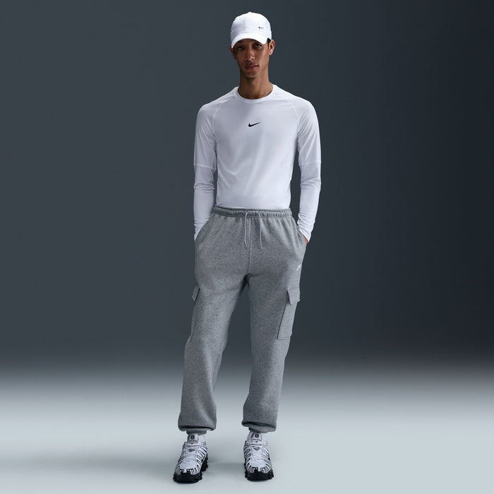 Men's grey heather fleece cargo pants, straight leg with cargo pocket and drawcord waist