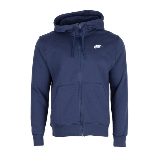 Navy zip-up fleece hoodie for men with hood, drawstrings, and front kangaroo pocket