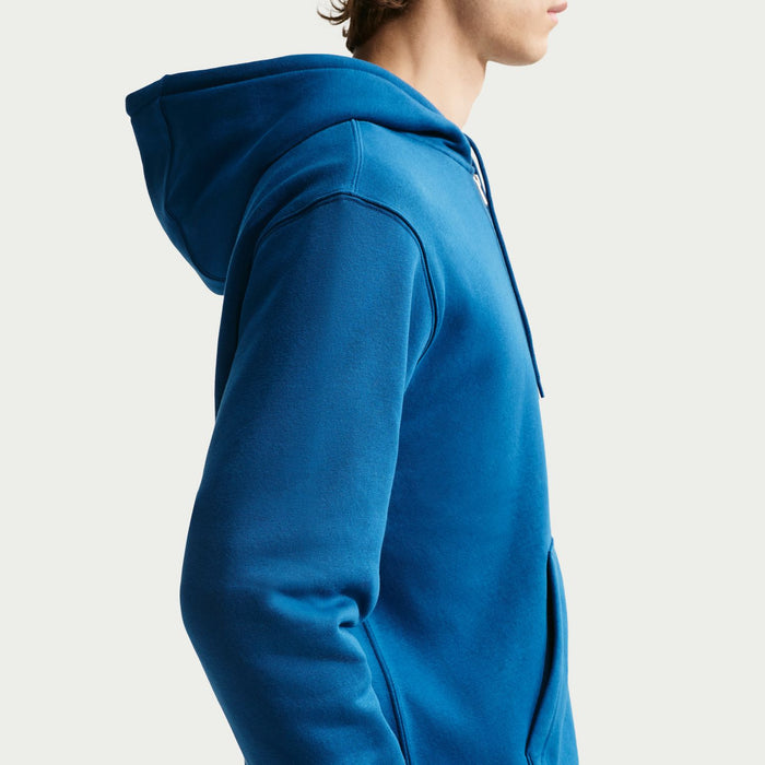 Men's court-blue zip-front fleece hoodie with hood, side seam stitching