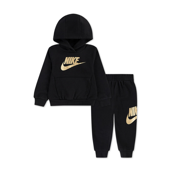 Toddler black fleece jogger set with gold Nike swoosh on hoodie and pants