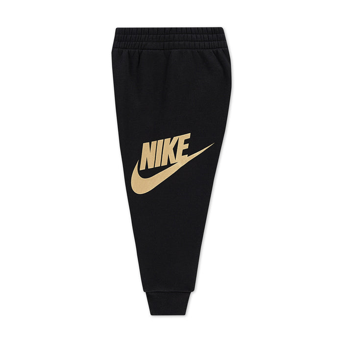 Toddler black jogger pants with gold Nike swoosh and elastic waistband