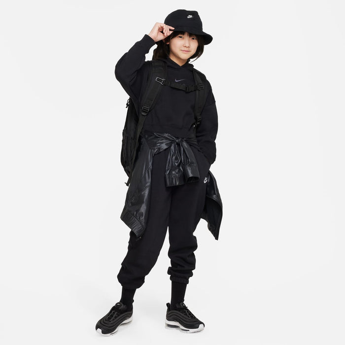 Youth black loose pants with elastic cuffs and Nike logo, relaxed fit