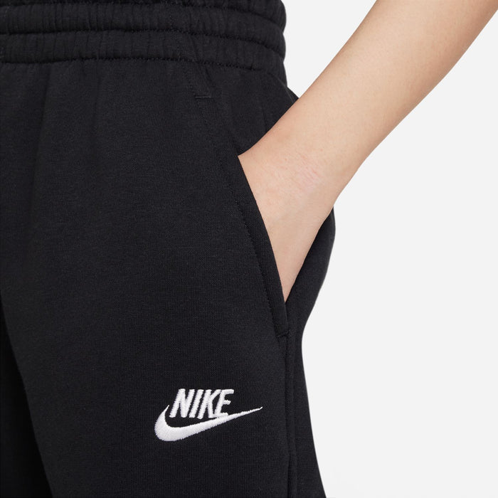 Black sweatpants close-up with Nike swoosh logo and drawcord waistband