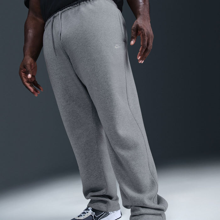 Grey heather open-hem fleece pants with drawstring waist and relaxed tapered legs