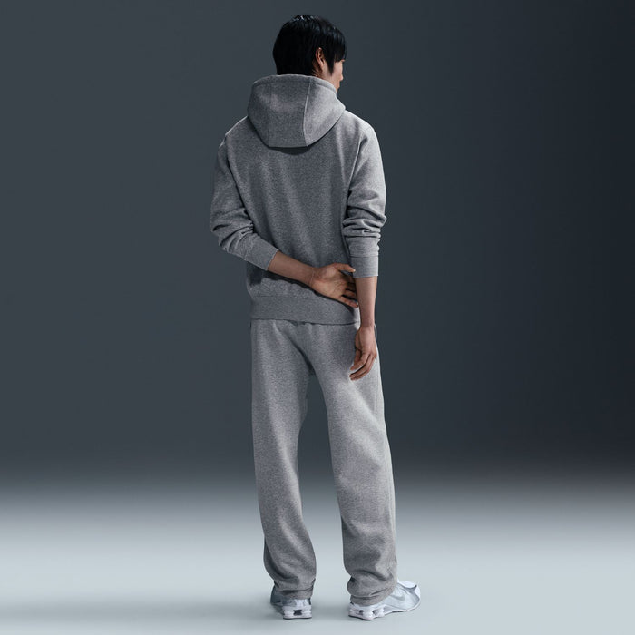 Grey heather fleece pants shown from behind with elastic waist and open-hem cuffs