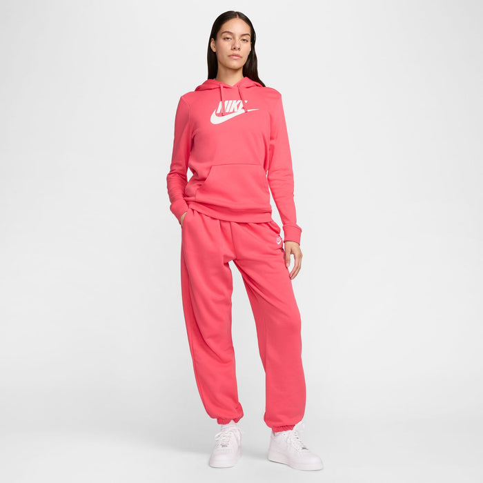 Women's pink fleece jogger pants with elastic waist and relaxed straight legs