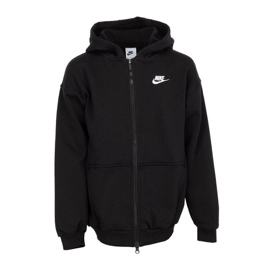 Youth black full-zip fleece hoodie with hood, front zipper, and Nike chest logo