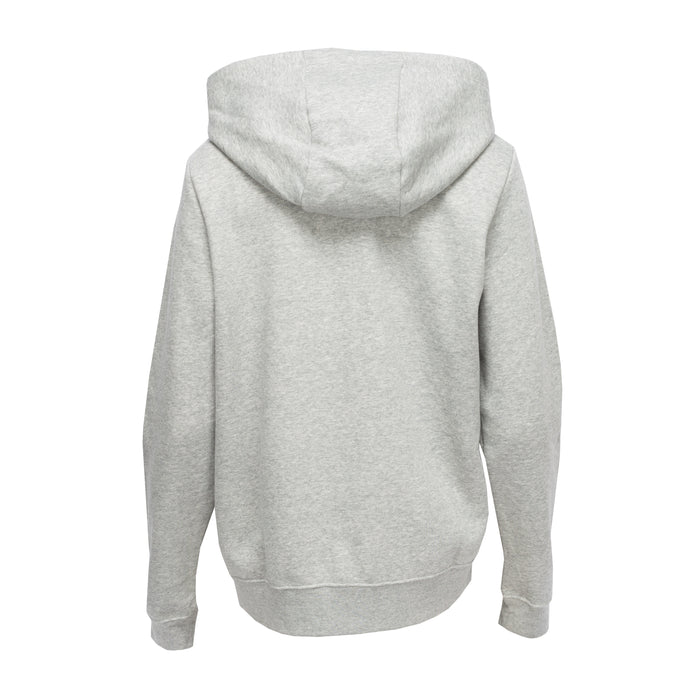 Heather grey fleece pullover hoodie for women, back view with attached hood and long sleeves