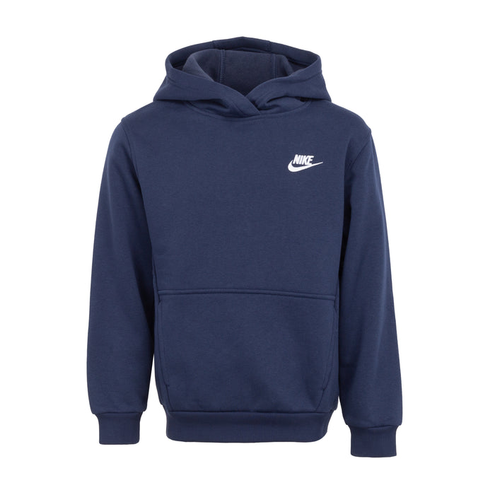 Youth Nike navy pullover fleece hoody with kangaroo pocket and white logo
