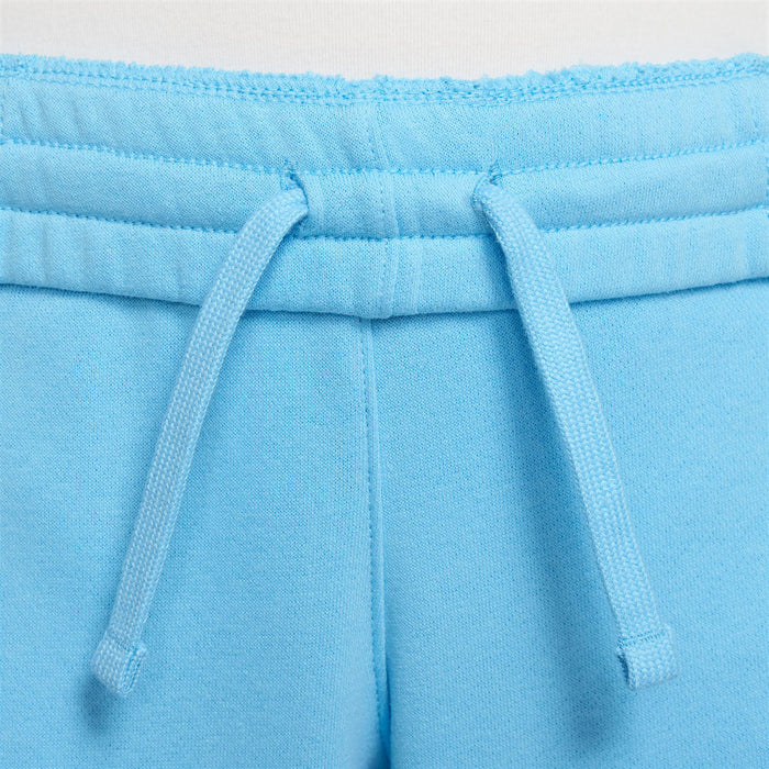 Light-blue French terry shorts close-up: elastic waistband with drawstring