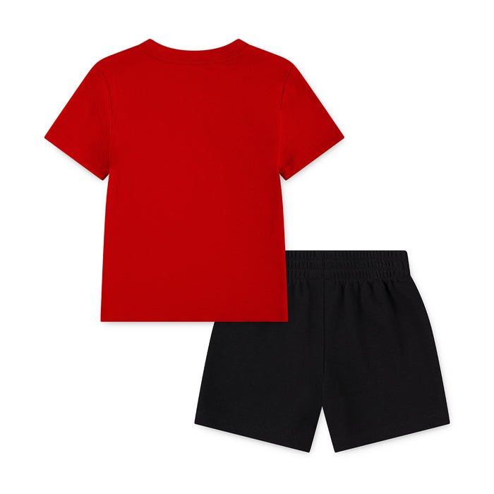 Toddler club short set, red T-shirt back with black shorts and Nike logo on leg