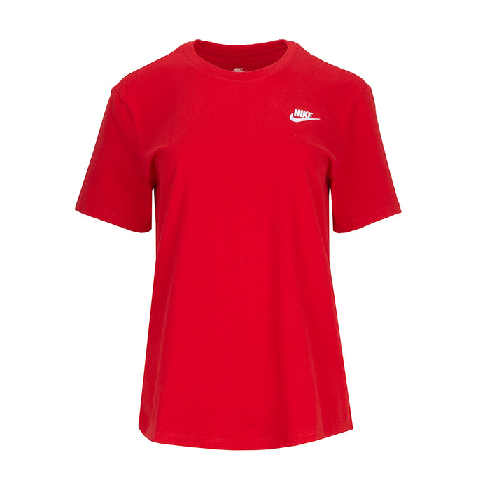 Red women's Nike crew-neck T-shirt with small white logo on chest