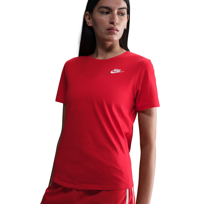 Red women's Nike crew-neck T-shirt, angled front view with white chest logo