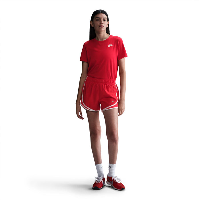 Red women's Nike crew-neck T-shirt on model, short-sleeve athletic fit