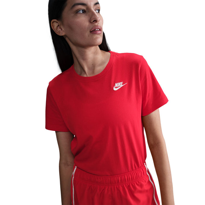 Red women's Nike crew-neck T-shirt with white logo on upper chest