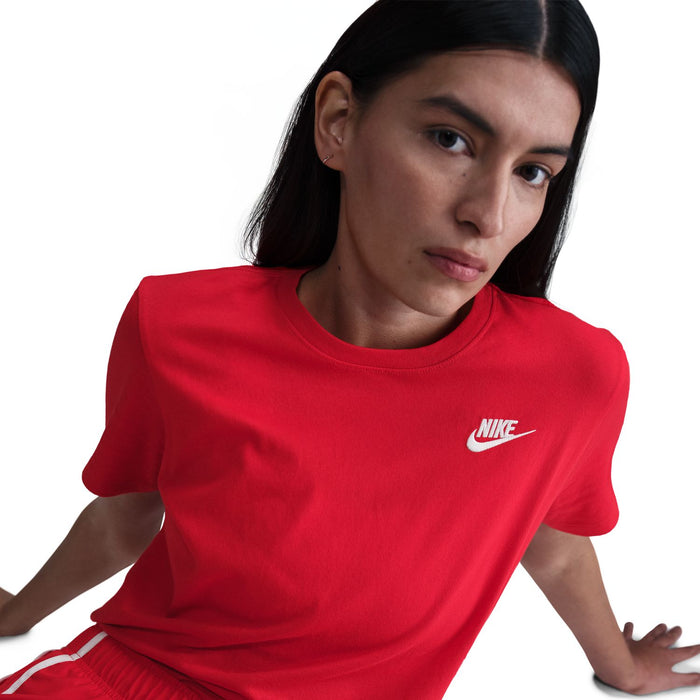 Red women's Nike crew-neck T-shirt close-up with white logo