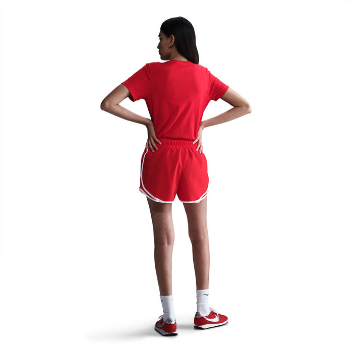 Red women's Nike crew-neck T-shirt on model, rear view