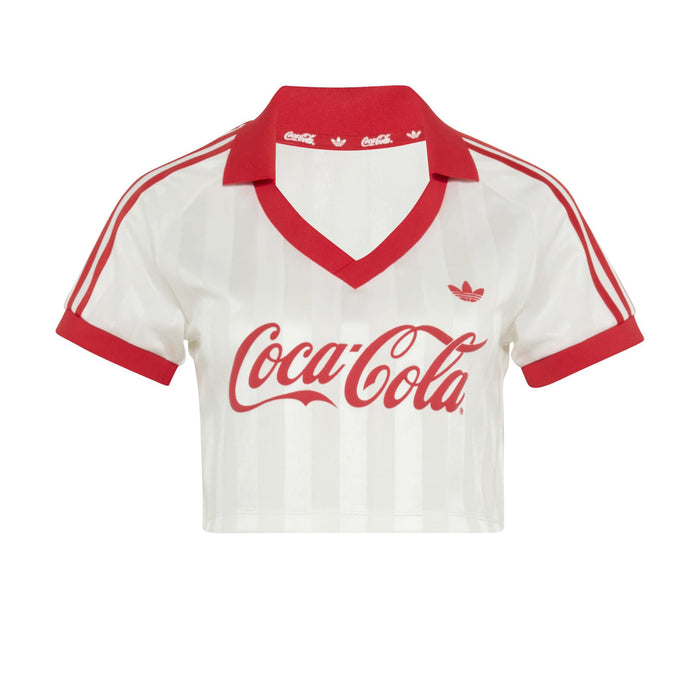Coca Cola womens graphic jersey, white with red collar and striped sleeves