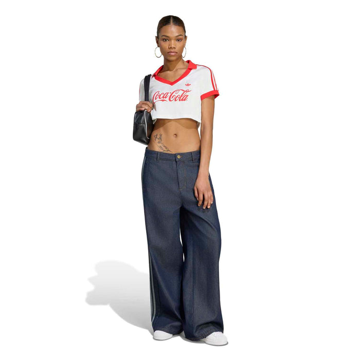 Womens Coca Cola graphic jersey, white with red stripes on shoulders, cropped length