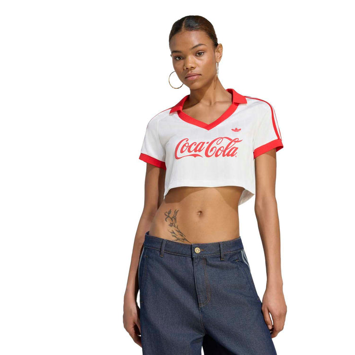 Womens Coca Cola graphic jersey, white with red collar, logo on chest, short sleeves