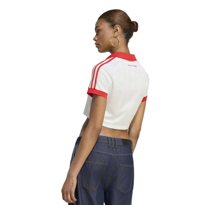 Womens Coca Cola graphic jersey, white with red sleeve stripes, back view