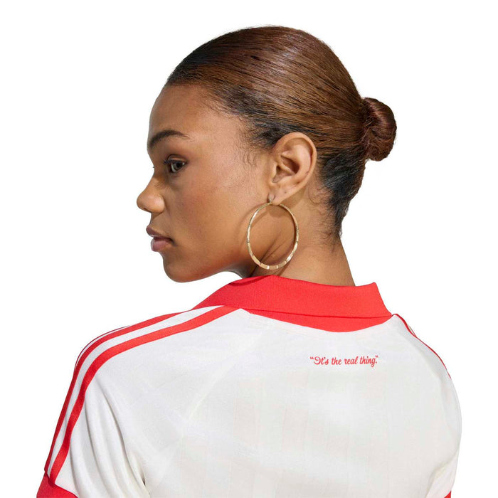 Womens Coca Cola graphic jersey, white with red back collar and small neckline print